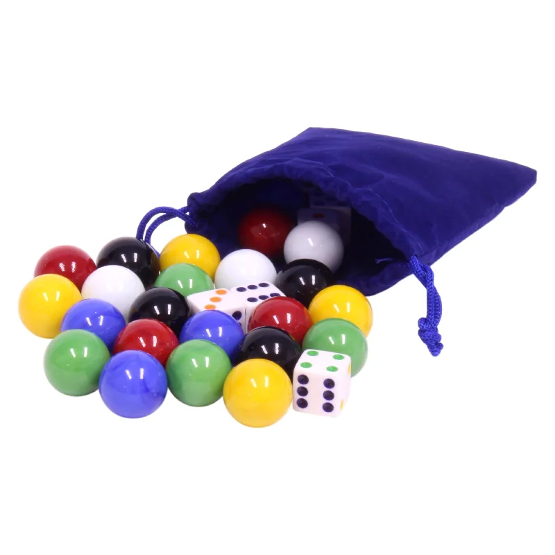 Bag of 24 Large Glass Marbles (22mm) and 6 Dice for Aggravation Game