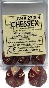 D10 Dice Glitter Ruby / Gold (10 Dice in Display) CHX27304