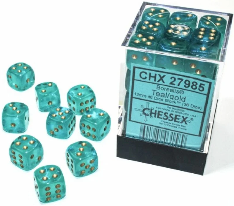 D6 Dice Borealis 12mm d6 Teal/gold Luminary Block (36 Dice in Display) CHX27985