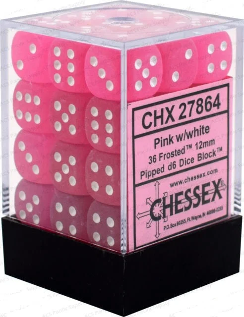 D6 Dice Frosted 12mm Pink/White (36 Dice in Display) CHX27864