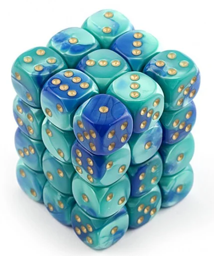 D6 Dice Gemini 12mm Blue-Teal/Gold (36 Dice in Display) CHX26859