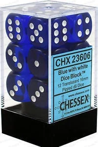 D6 Dice Translucent 16mm Blue/White CHX23606