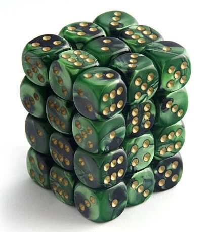 Dice Gemini 12mm D6 Black Green w/Gold (36) CHX26839