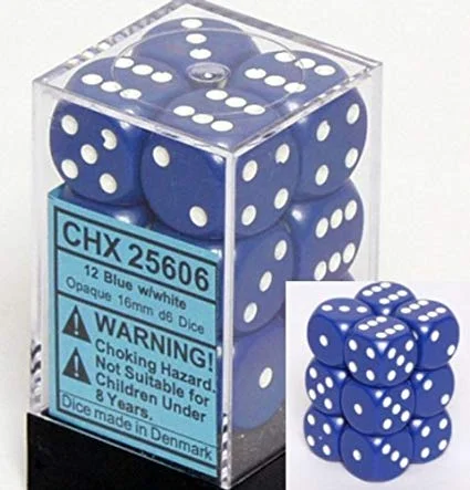 Dice Opaque 16mm D6 Blue/White (12) CHX25606