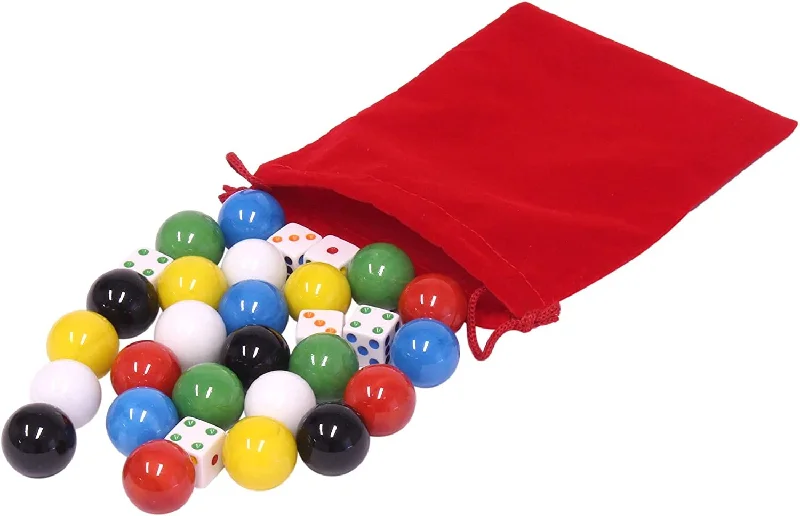 Bag of 24 XLarge Glass Marbles, 1" (25mm) and 6 Dice for Aggravation Game