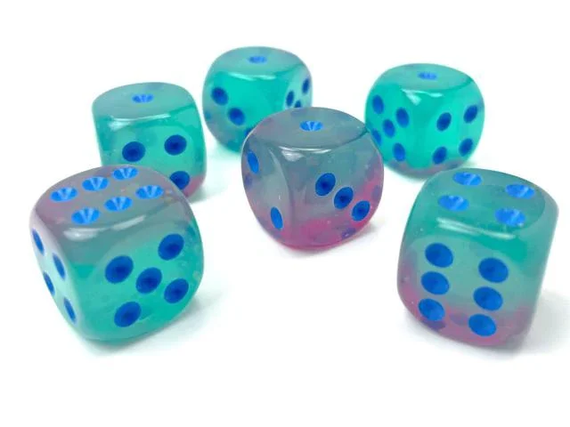 Chessex 26664 Gemini Gel Green-Pink/Blue Luminary 16mm d6 Dice Block [12ct]