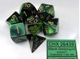 Chessex - 7-Dice Set - Gemini - Black-Green/Gold