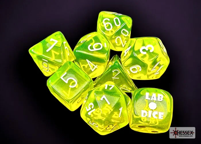 Chessex -  Lab Dice 7 Piece - Translucent - Neon Yellow/White (With Bonus Die)