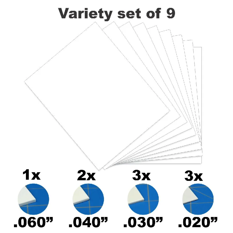 Plasticard Variety Pack (9) - - 8x10inch Styrene Sheets for Model Building and Crafting